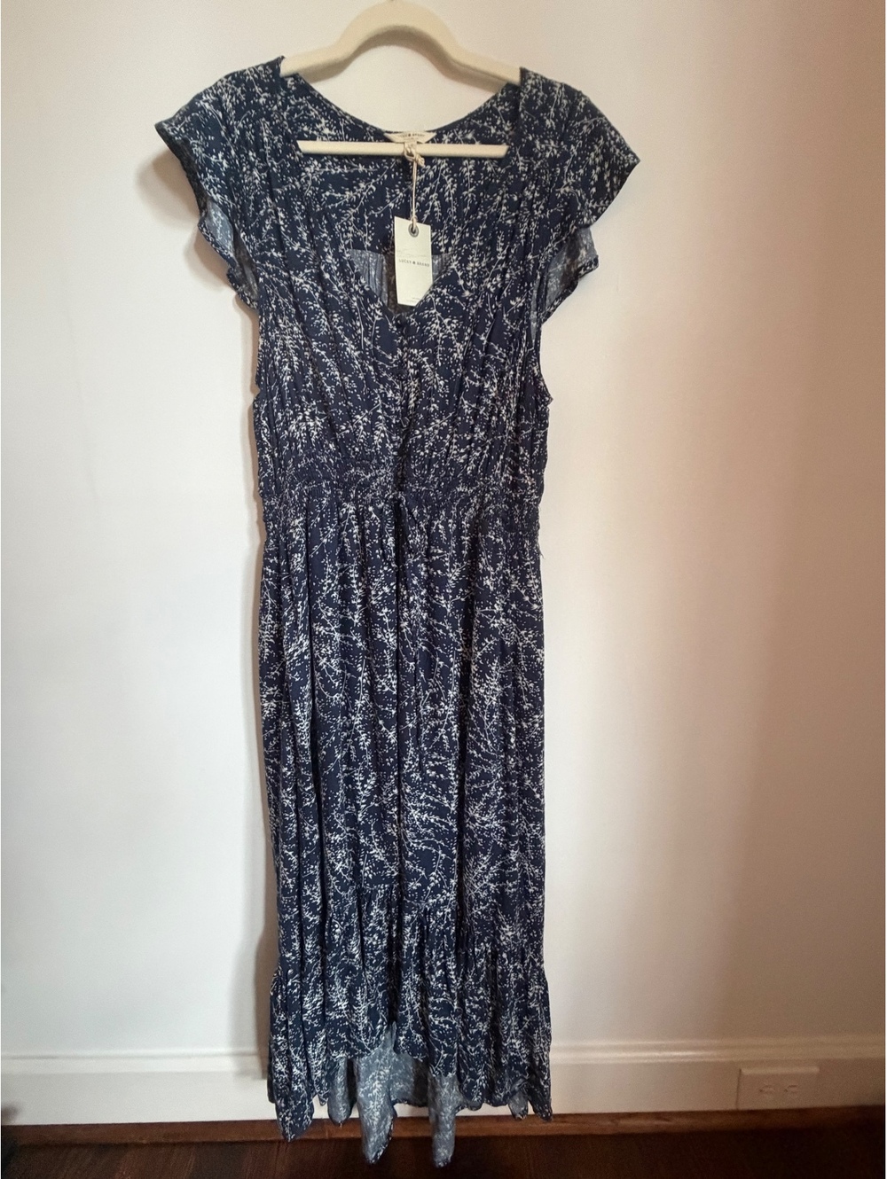 Lucky Brand Navy Blue White Floral Maxi Dress Size Large NWT Boho Cottage